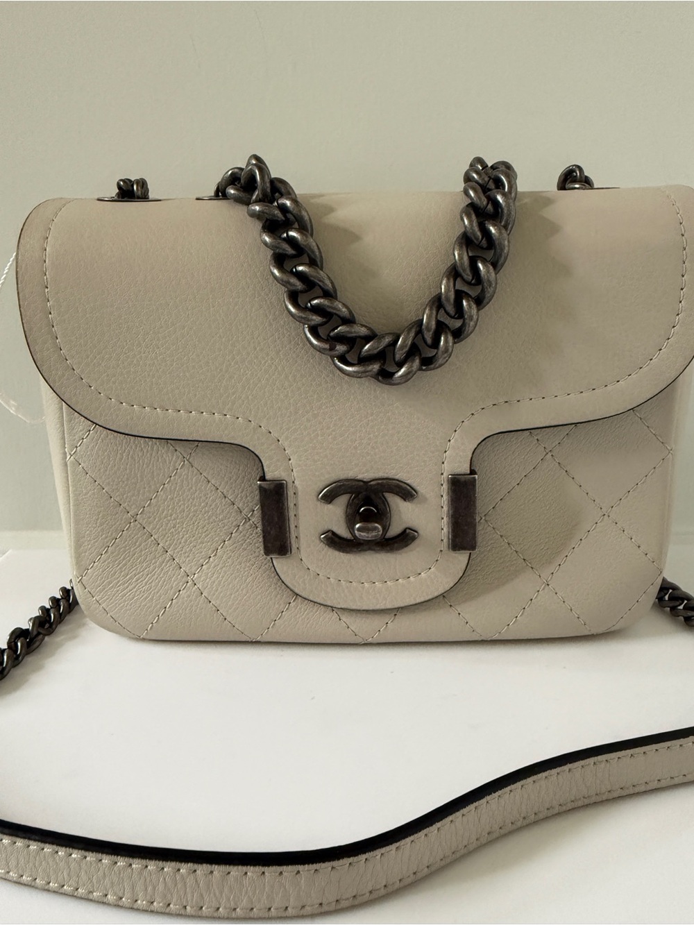 CHANEL Cream Quilted Leather Crossbody Paris-Greece Bag with Gunmetal Chain